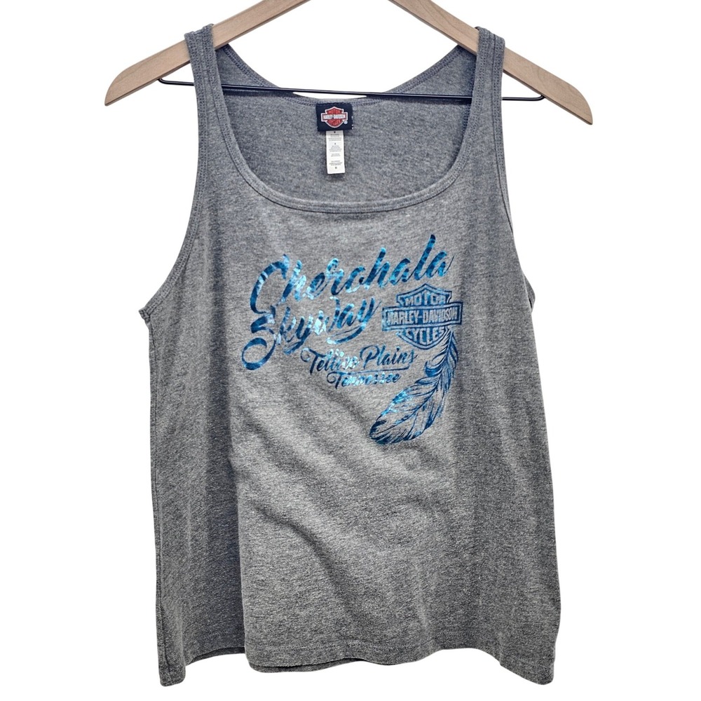 Harley Davidson Tank Top Womens Medium Gray‎ Blue Foil Cherohala Skyway TN Biker